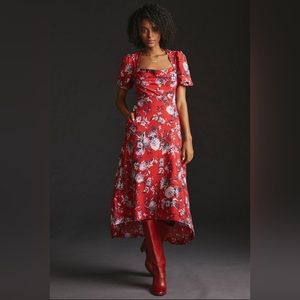 Anthropologie Maeve Red Puff Sleeve Floral Midi Maxi A-line dress
